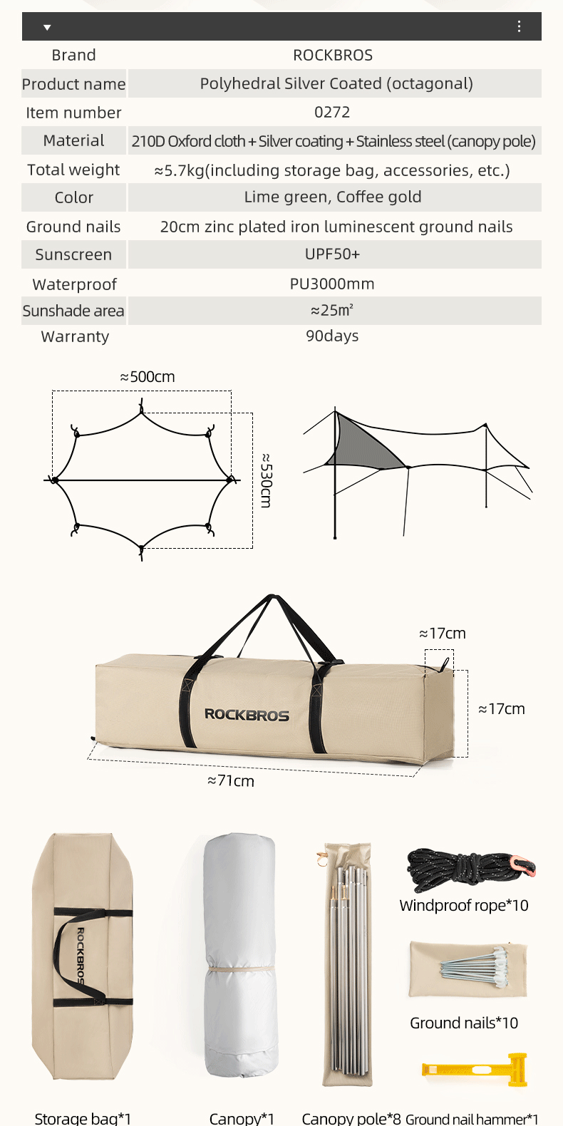 ROCKBROS Camping Canopy Sunshade Tarp